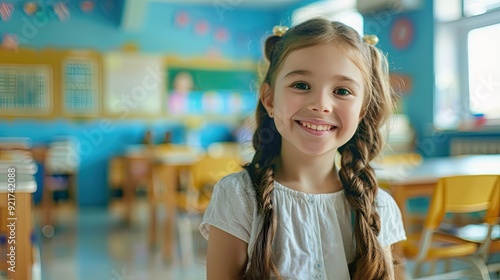 Smiling little girl in classroom.