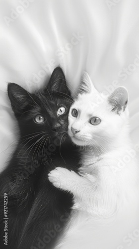 Wallpaper Mural Two black and white cats lying together on a soft bed, one cat looks into the camera Torontodigital.ca