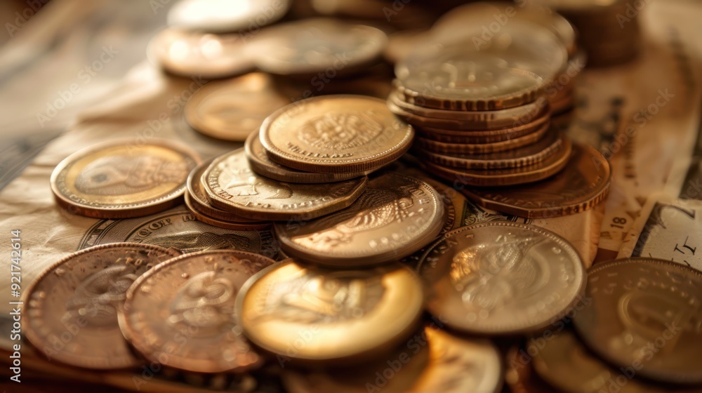 Close-up of a Pile of Gold Coins and Paper Money Close-up of a Pile of Gold Coins and Paper Money