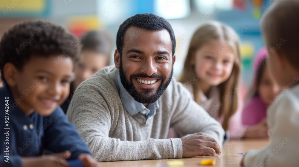 Smiling Teacher with Students in Classroom. Smiling Teacher with Students in Classroom.