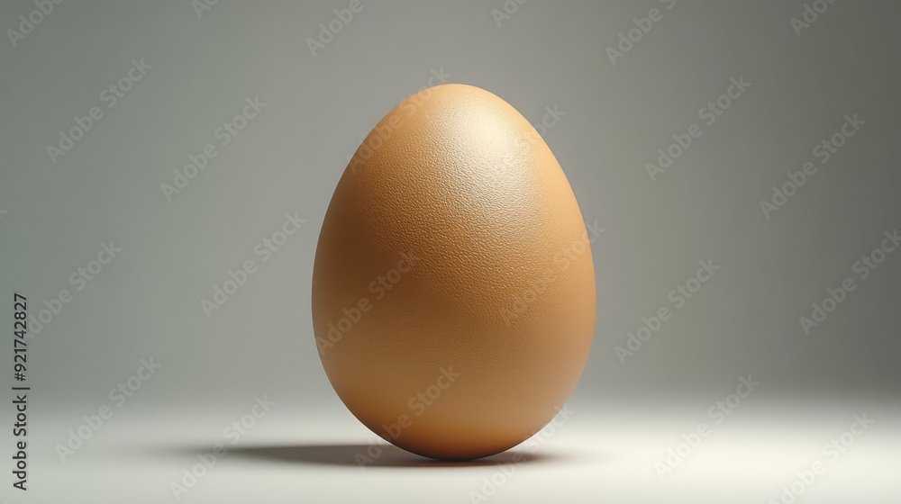 A single brown egg with a slightly rough texture sits on a white surface against a gray background. A single brown egg with a slightly rough texture sits on a white surface against a gray background.