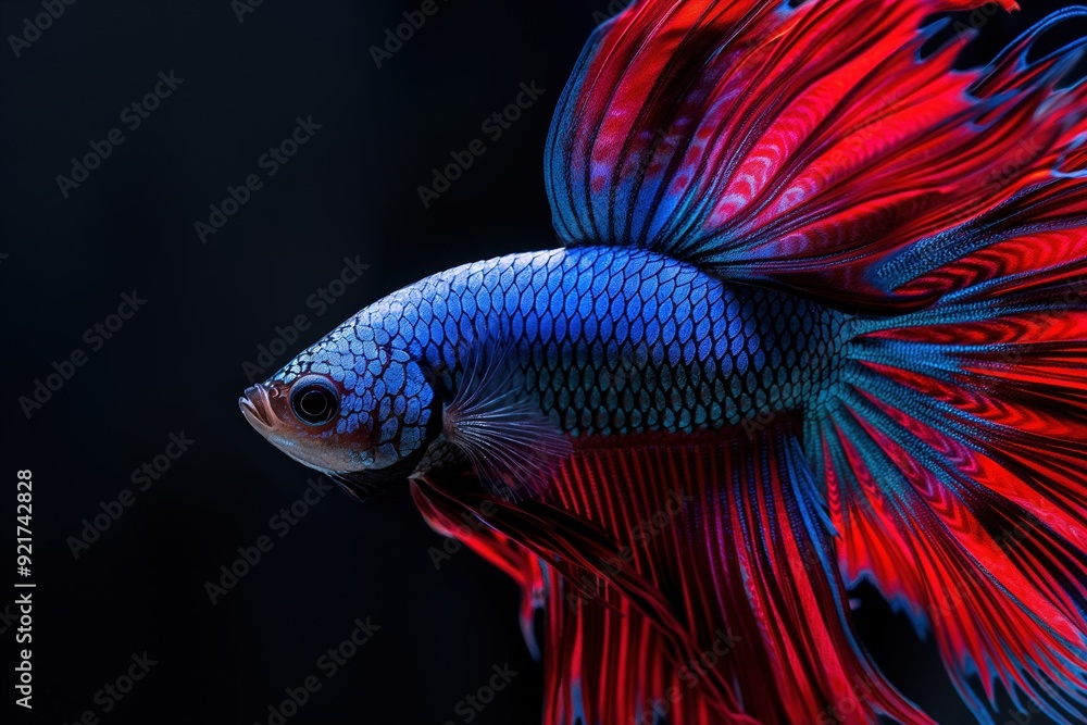 Close-up of a vibrant blue and red Siamese fighting fish with a long flowing tail fin, isolated against a black background. Close-up of a vibrant blue and red Siamese fighting fish with a long flowing tail fin, isolated against a black background.