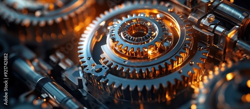 Wallpaper Mural Close-up of Shiny Metallic Gears and Cogs in a Machine, Illuminated with Warm Light, Showcasing Precision Engineering and Industrial Design Torontodigital.ca
