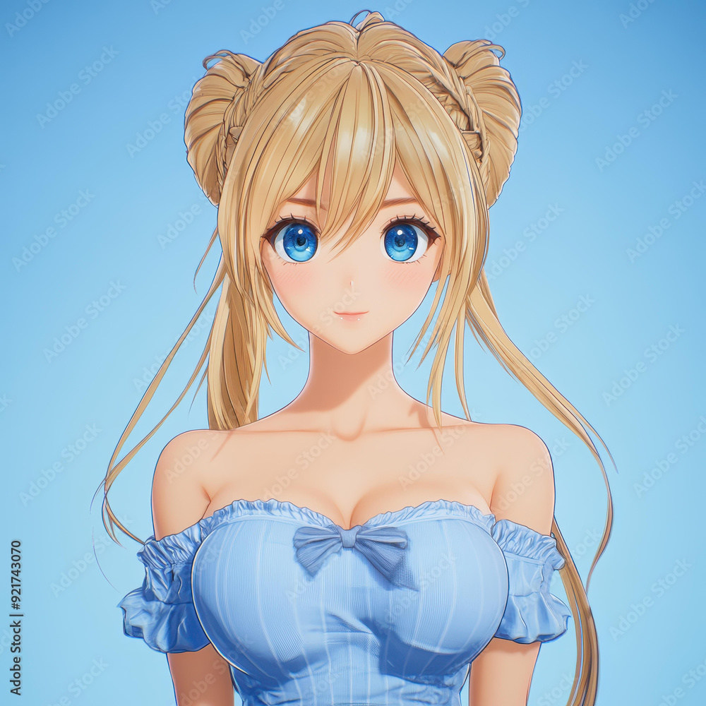 A stunning anime character with blonde hair and blue eyes poses gracefully, blending fantasy with realism in crisp detail. A stunning anime character with blonde hair and blue eyes poses gracefully, blending fantasy with realism in crisp detail.