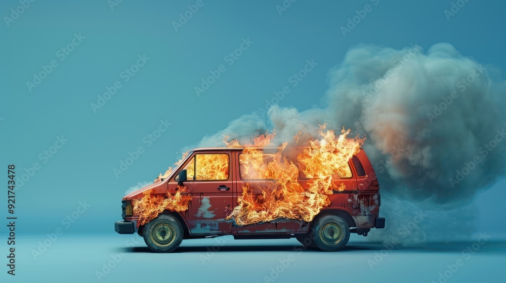 A Red Van Engulfed in Flames with Smoke Against a Blue Background A Red Van Engulfed in Flames with Smoke Against a Blue Background
