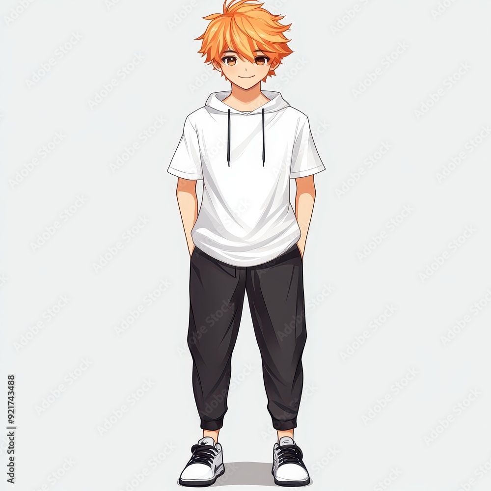 A cheerful, slim young man with black eyes and fluffy orange hair, sporting a white tee and black joggers in anime style. A cheerful, slim young man with black eyes and fluffy orange hair, sporting a white tee and black joggers in anime style.
