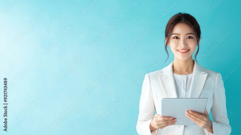 A professional woman smiles while holding a tablet, set against a calming blue background, showcasing confidence and modernity. A professional woman smiles while holding a tablet, set against a calming blue background, showcasing confidence and modernity.