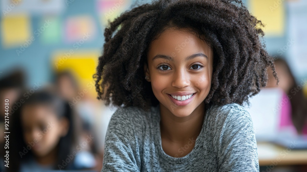 Happy Young Girl Smiling in Classroom. Happy Young Girl Smiling in Classroom.