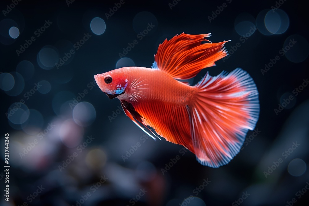 A vibrant red betta fish with flowing fins swims in an aquarium with a blurred background. A vibrant red betta fish with flowing fins swims in an aquarium with a blurred background.