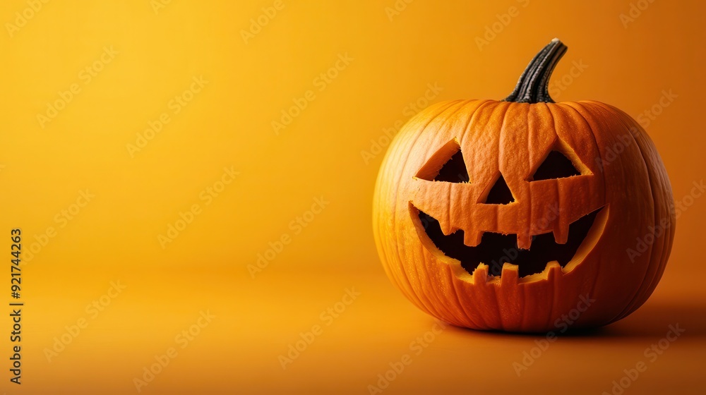 Carved Halloween Pumpkin with a Smiling Face on a Bright Orange Background Carved Halloween Pumpkin with a Smiling Face on a Bright Orange Background