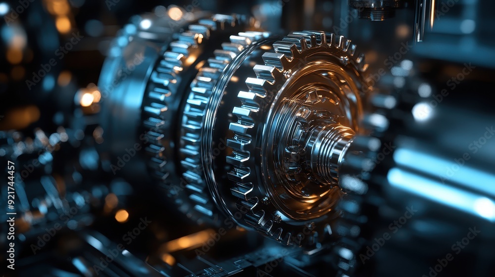 Close-up of Shiny Metal Gears in a Modern Industrial Machine with Blue Lighting Close-up of Shiny Metal Gears in a Modern Industrial Machine with Blue Lighting
