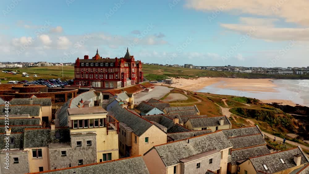 Aerial drone shot over the Headland hotel located on Cornwall's idyllic coastline.
Sunset over the Cornish coastline, view of the sandy stretching beach, big waves coming to the shore. Aerial drone shot over the Headland hotel located on Cornwall's idyllic coastline.
Sunset over the Cornish coastline, view of the sandy stretching beach, big waves coming to the shore.
