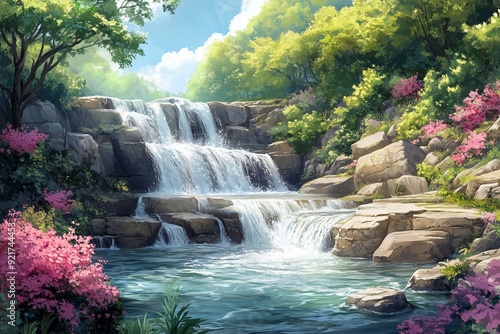 A tranquil scene of a cascading waterfall surrounded by lush greenery and vibrant spring flowers.