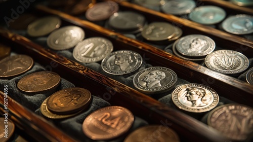 A collection of rare and valuable coins displayed in a well-lit showcase.