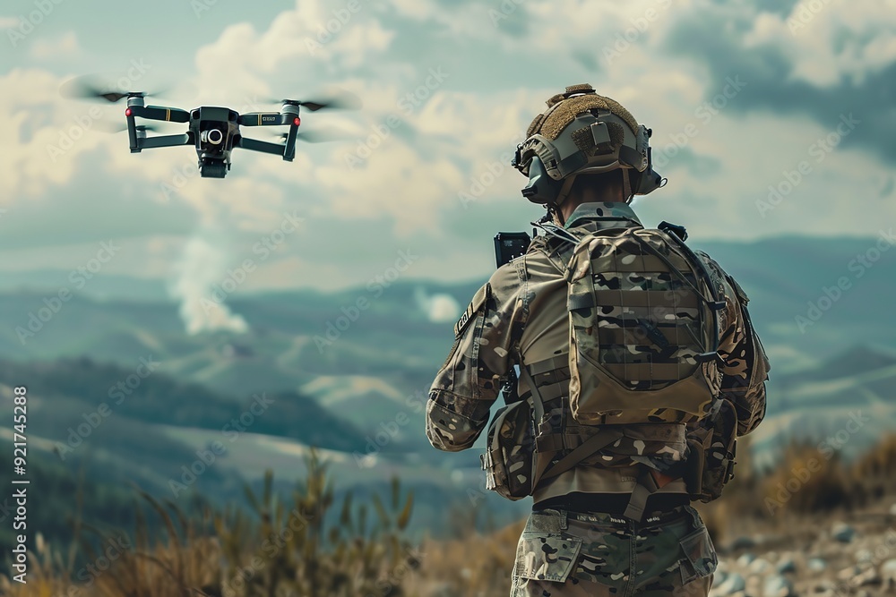 Fototapeta premium Soldier operating a military drone in a forest during a mission