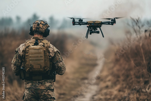 Soldier operating a military drone in a forest during a mission