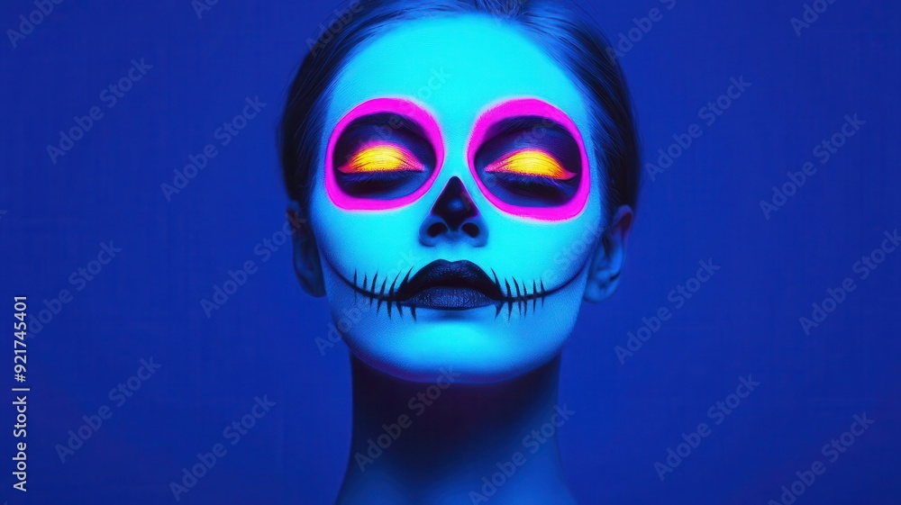 A person with glowing neon makeup under blacklight, Blacklight Halloween Makeup, emphasizing the use of special effects for a dramatic seasonal look A person with glowing neon makeup under blacklight, Blacklight Halloween Makeup, emphasizing the use of special effects for a dramatic seasonal look