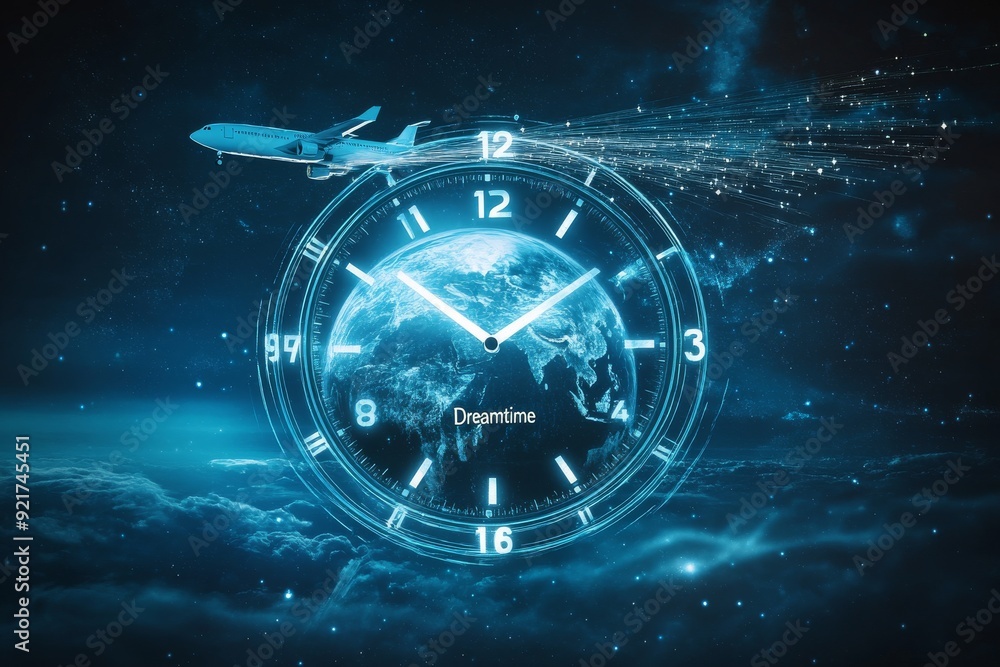 Airplane Trail Clock Face with Earth and Airbus, Time Travel Concept. Generative AI Airplane Trail Clock Face with Earth and Airbus, Time Travel Concept. Generative AI