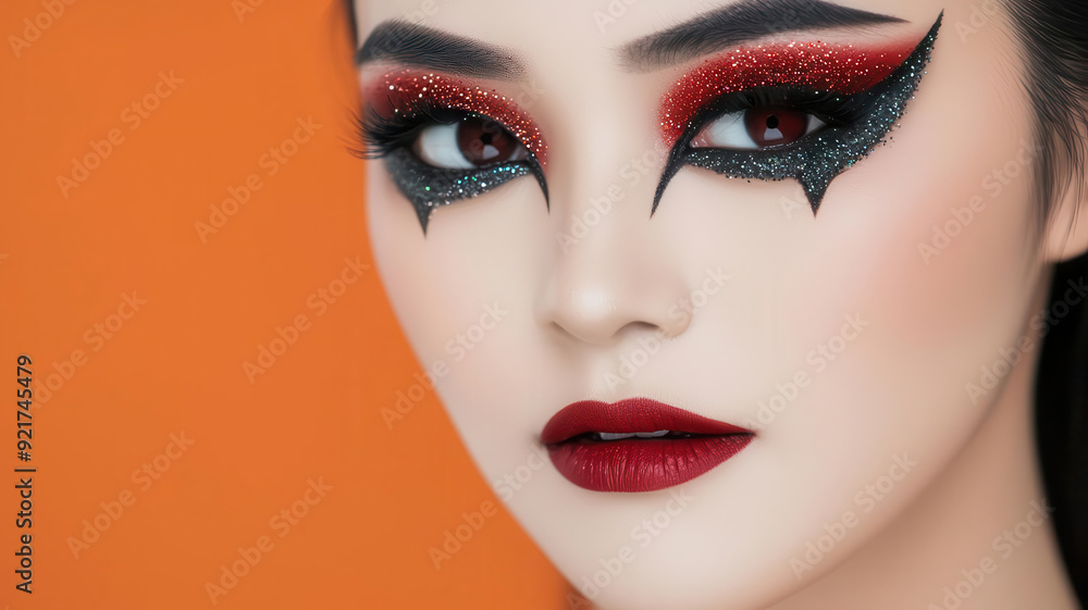 Closeup of a glittery vampire makeup look with fangs and red eyeshadow, Glamorous Halloween Makeup, showcasing a stylish twist on seasonal themes Closeup of a glittery vampire makeup look with fangs and red eyeshadow, Glamorous Halloween Makeup, showcasing a stylish twist on seasonal themes