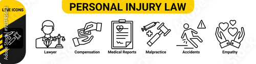 Personal injury law icon banner web illustration with lawyer, compensation, medical reports, malpractice, accidents and empathy icon