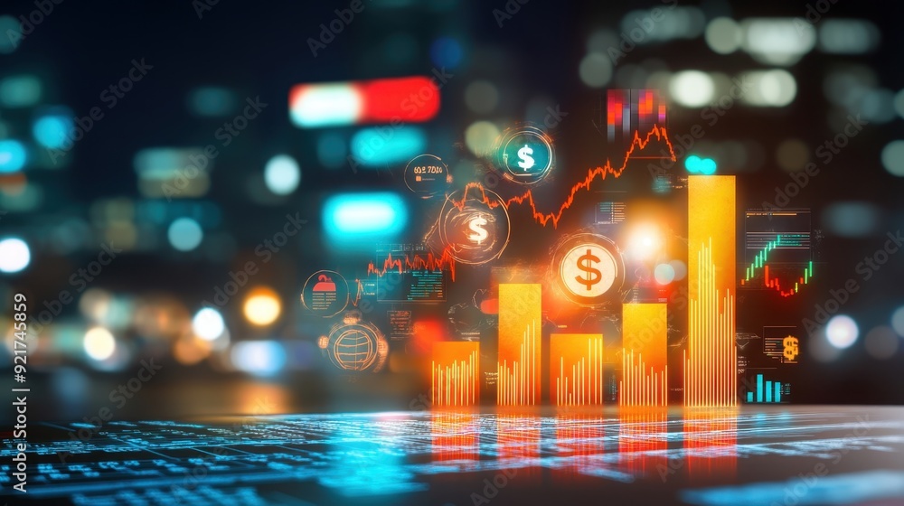 Fototapeta premium Financial data analysis concept featuring illuminated bar charts and dollar symbols. The background displays a blurred cityscape, highlighting the intersection of finance and technology.