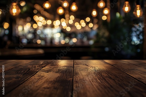 Wooden Tabletop with Warm Bokeh Lights.