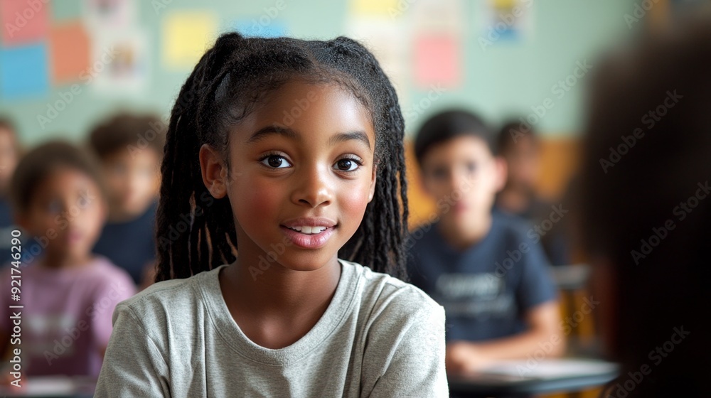 Young girl in school classroom looking at camera. Young girl in school classroom looking at camera.