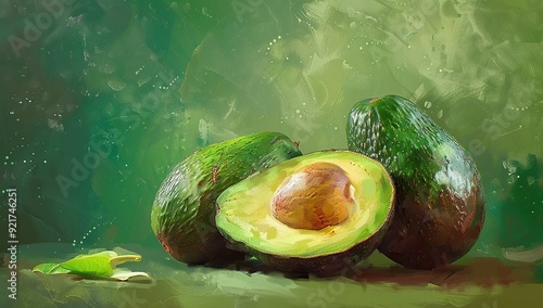 3 avocadoes with one sliced in half, green background photo