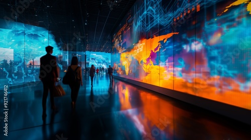 Exhibition expo event trade fair hall with busy bustling people walking to conferences in a modern hall crowded business people with a bokeh effect. Generative AI