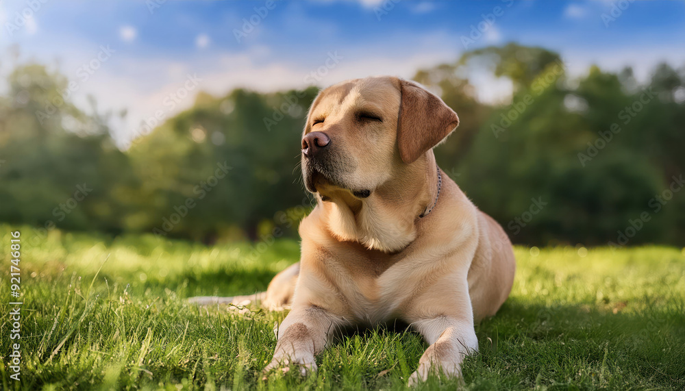 Relaxed Labrador Retriever with a satisfied expression lies on a grassy patch in a serene park Relaxed Labrador Retriever with a satisfied expression lies on a grassy patch in a serene park