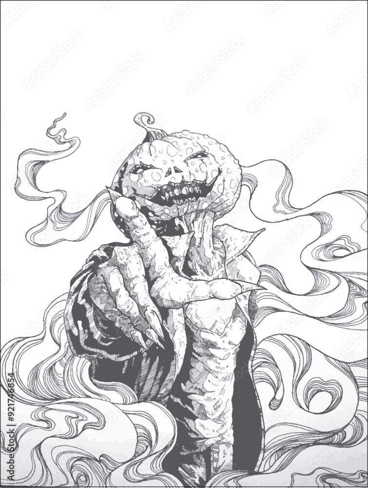 Fototapeta premium black and white vector image of a scary pumpkin amidst smoke