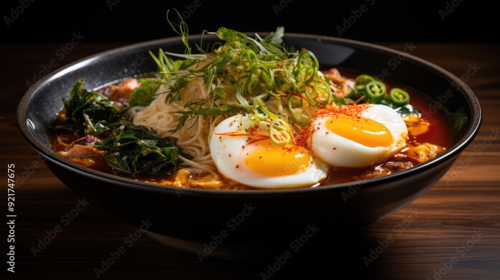 Bowl of ramen with egg, seaweed, and scallions Bowl of ramen with egg, seaweed, and scallions