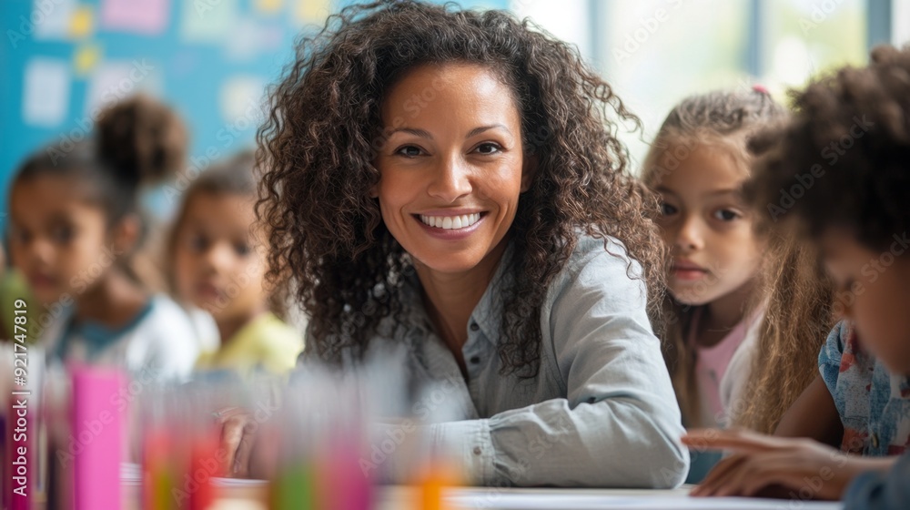 Happy Teacher Smiling at Students in Classroom. Happy Teacher Smiling at Students in Classroom.