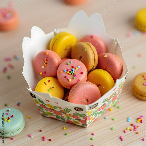 Galletas rosadas anaranjadas y verdes en un recipiente de cartón abierto photo