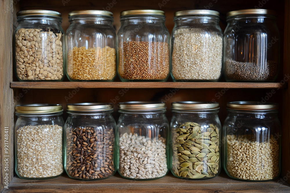 Assorted grains and seeds in glass jars Assorted grains and seeds in glass jars