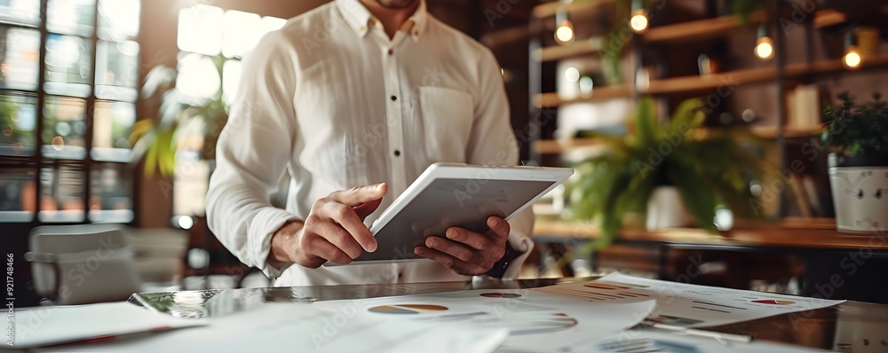 Business Owner Reviewing Insurance Documents on Digital Tablet at Office Workspace Business Owner Reviewing Insurance Documents on Digital Tablet at Office Workspace