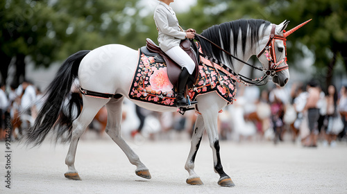 A beautiful white horse with a unicorn horn  is wearing a floral saddle pad and a rider in a white riding outfit. photo