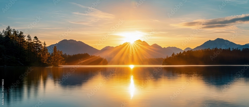 Fototapeta premium Stunning sunset over a tranquil lake surrounded by majestic mountains, casting vibrant reflections on the calm water surface.
