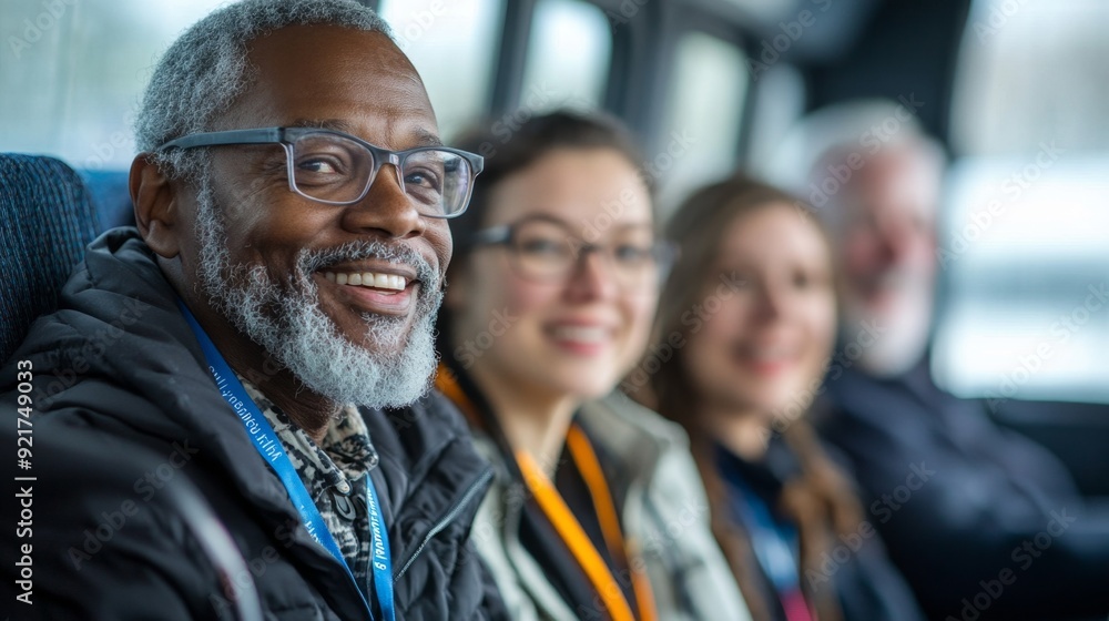 Senior man smiles while riding a bus. Senior man smiles while riding a bus.