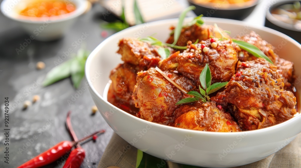Chicken Curry with Herbs and Spices in a White Bowl Chicken Curry with Herbs and Spices in a White Bowl