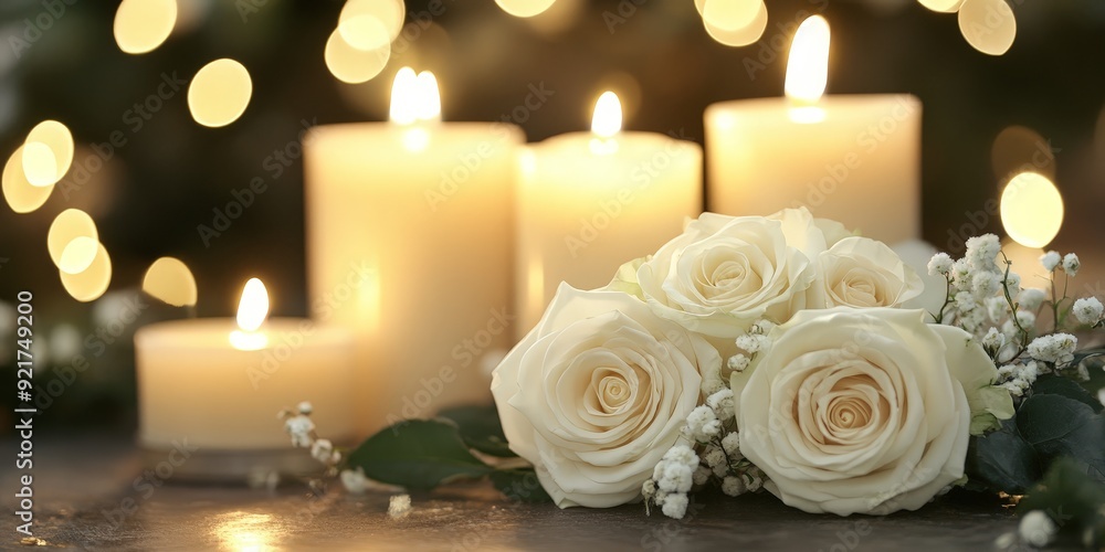 Elegant White Candles and Roses for a Memorial Service Elegant White Candles and Roses for a Memorial Service