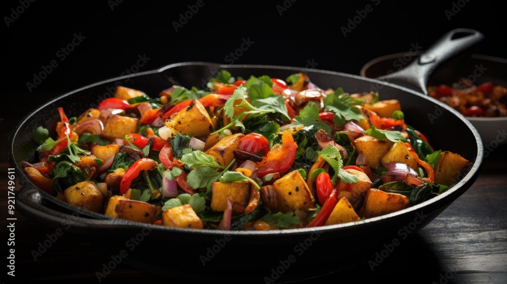 Colorful vegetable stir-fry in a cast iron skillet Colorful vegetable stir-fry in a cast iron skillet