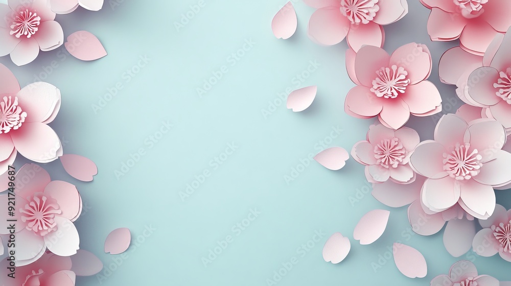 Fototapeta premium floral background decorated blooming cherry flowers themed paper cut background illustration.