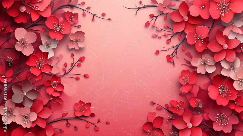 Obraz premium floral background decorated blooming cherry flowers themed paper cut background illustration.