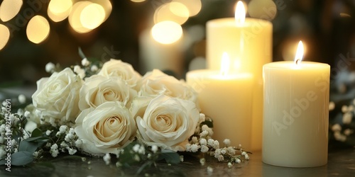 Elegant White Candles and Roses for a Memorial Service