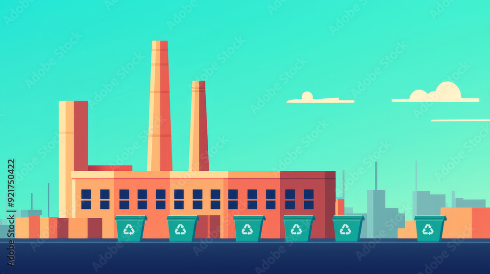 Obraz premium A vibrant illustration of an industrial building with recycling bins, symbolizing sustainable practices in urban environments.