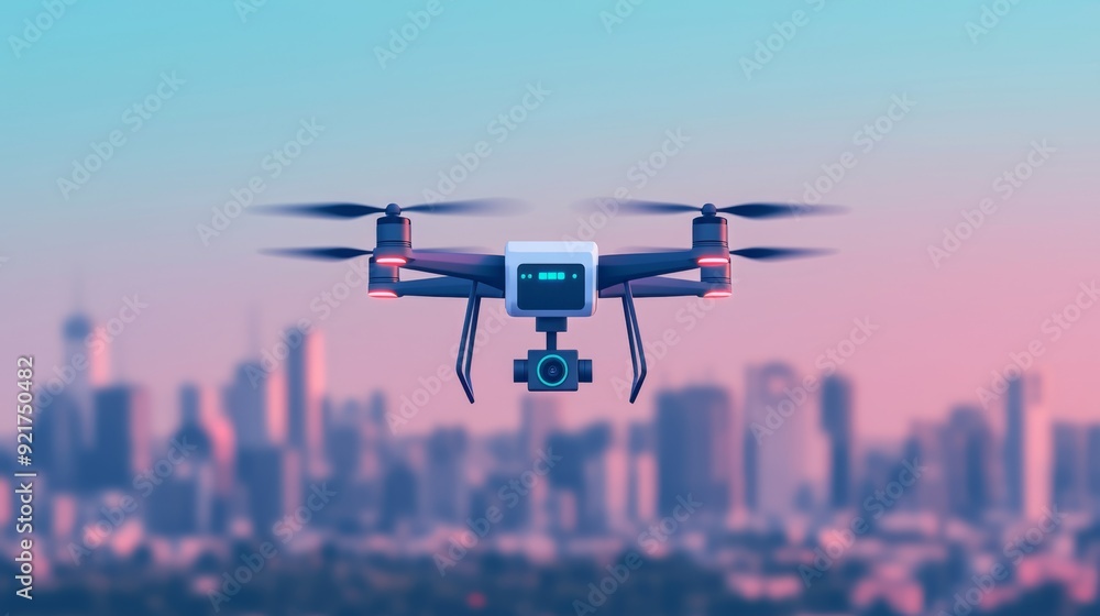 A sleek drone hovers above a vibrant cityscape, showcasing advanced technology and aerial capabilities against a colorful sky. A sleek drone hovers above a vibrant cityscape, showcasing advanced technology and aerial capabilities against a colorful sky.