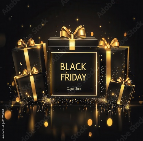 Black firday advertisement Black presentation boxes with golden ribbon photo