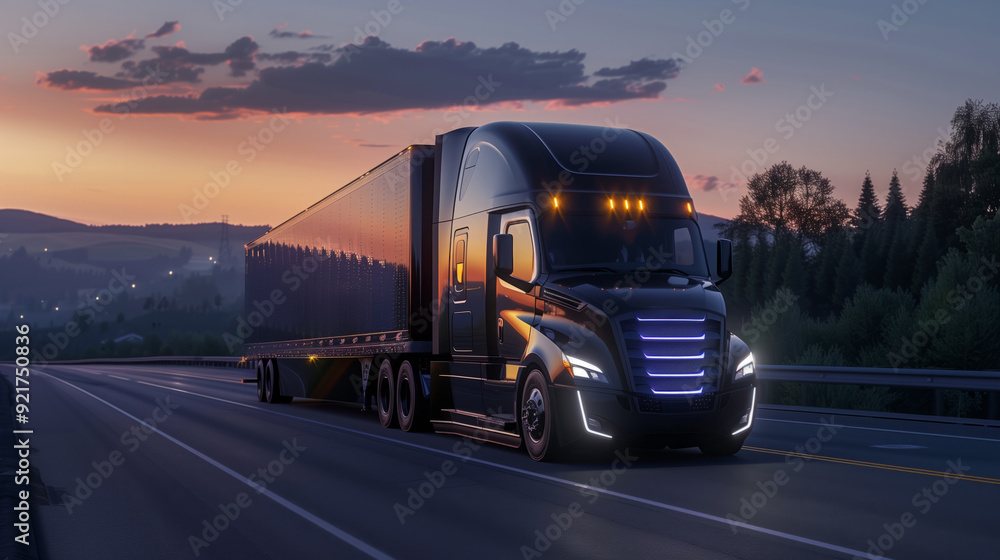 Delivery truck vehicle on country road at dusk Delivery truck vehicle on country road at dusk