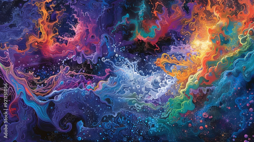 A vibrant cosmic abstract artwork filled with swirling colors and patterns, evoking a sense of wonder and exploration. The emotional expression is one of awe and curiosity. A vibrant cosmic abstract artwork filled with swirling colors and patterns, evoking a sense of wonder and exploration. The emotional expression is one of awe and curiosity.